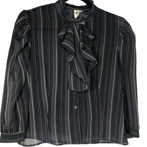 Vintage You Babes Black and MultiColor Striped  Sheer Secretary Top Shirt